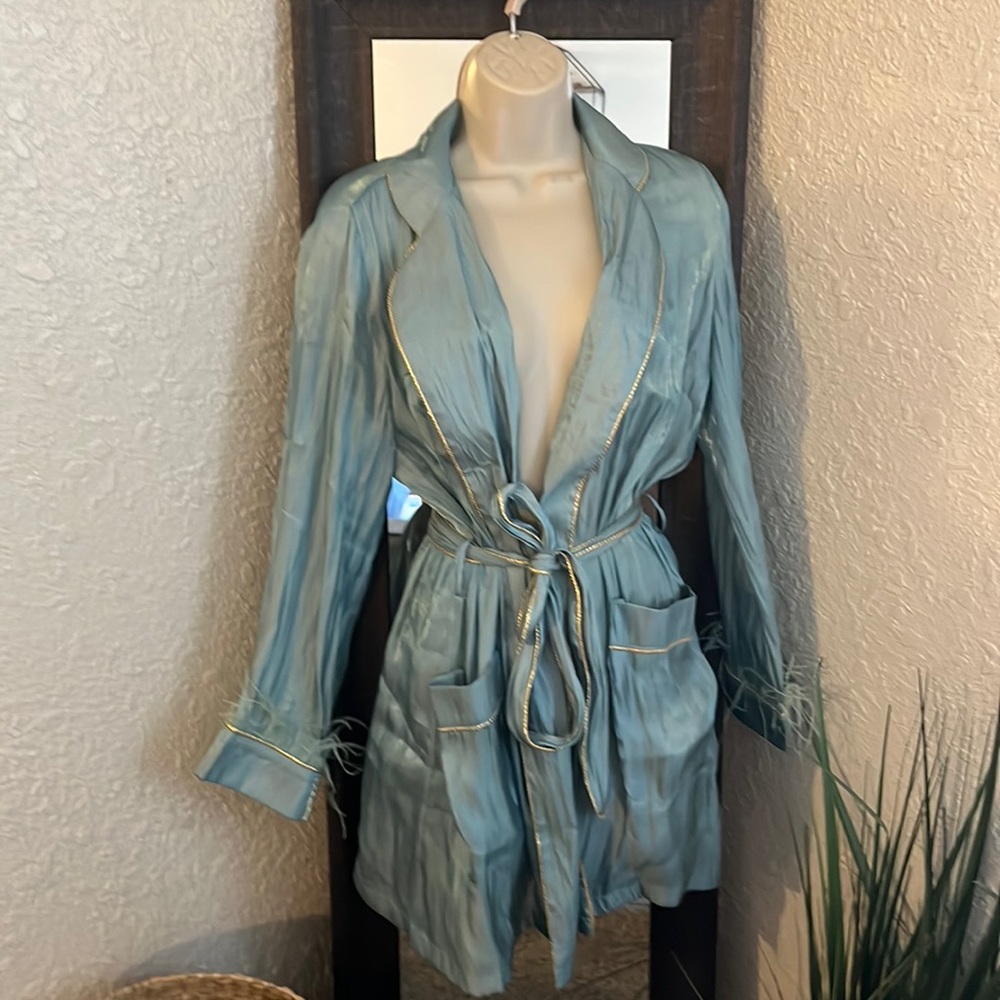 Teal satin wrap dress with belt